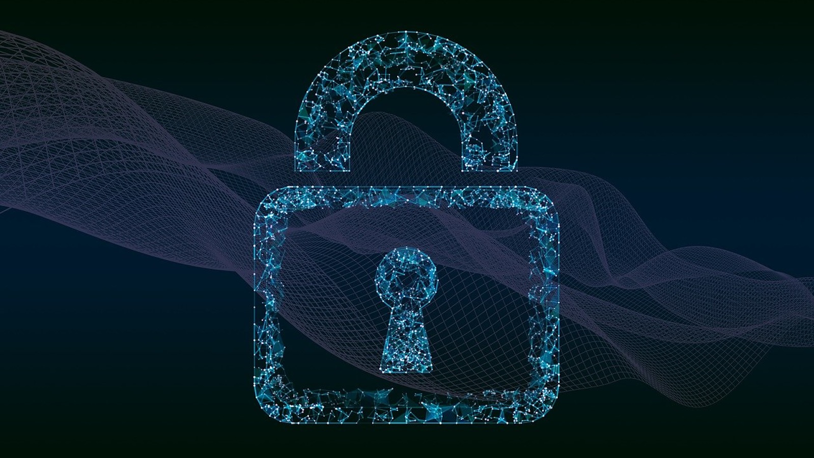 Cyber connected lines in a turquoise gradient form the shape of a lock against a dark background